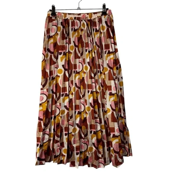 Monteau Pink‎ & Yellow Retro Geometric Printed Pleated Midi Skirt M