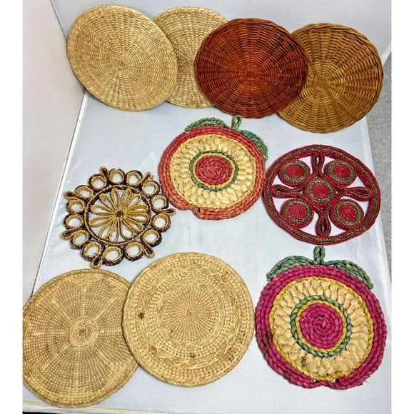 Vintage Raffia Straw Wicker Rattan Trivet Hot Pad Wall Decor Boho Lot Of 10