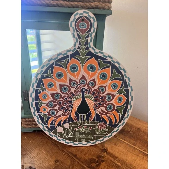 Vtg Harrods Peacock Melamine Round Cutting Board Wall Hanging