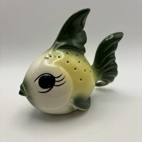 Vtg MCM Ceramic Anthropomorphic Green Yellow Fish Appetizers‎ Toothpick Holder