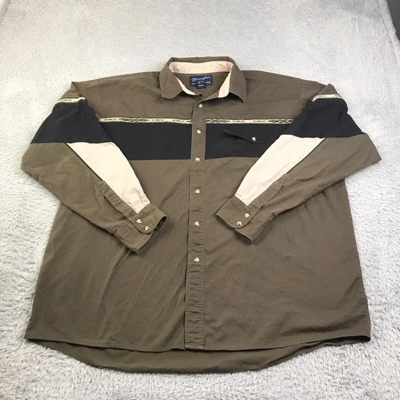 Wrangler Western Shirt Mens 2XL Olive Green Chest Sleeve Stripe Button Up‎ LS