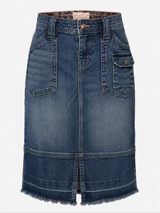Candie's Denim Cargo Midi Pencil Skirt Blue Frayed Hem Utility Y2K 7 90s Western