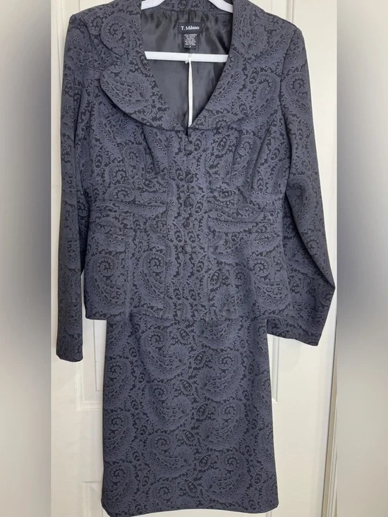 T Milano Size 8 Paisley 2 Piece Skirt Suit Blazer Gray Black Career