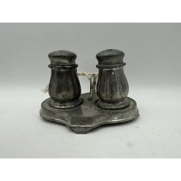 Vintage Pewter Salt & Pepper Shakers w Caddy Tray Set  Pewter #313