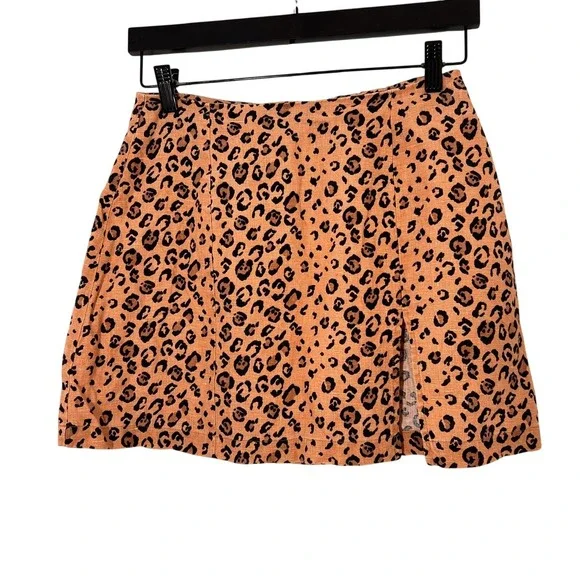 Reformation Cady Mini Skirt Small Tan Leopard Print Linen Slit A-Line Party Boho