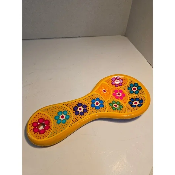 Hand Painted Ceramic Spoon Rest Yellow Floral Dot Art Terracotta Glossy Glaze