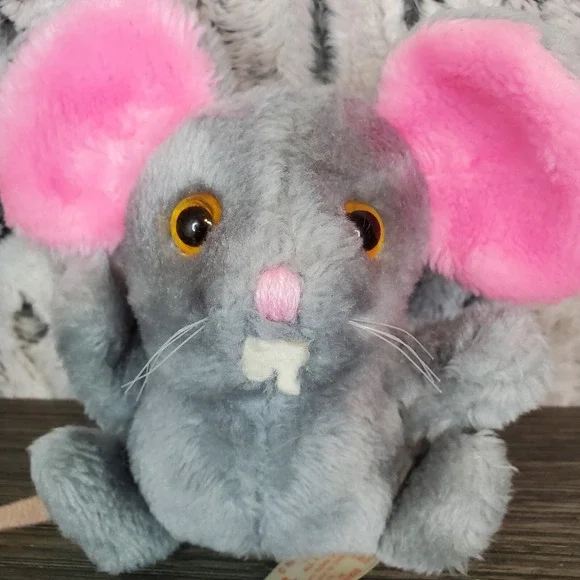 Vtg Russ Berrie Bitzi Mouse 1977 Stuffed Animal Plush Toy Gray Big Pink Ears 6