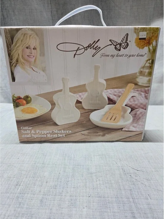 Dolly Guitar Salt & Pepper Shakers and Spoon Rest Set