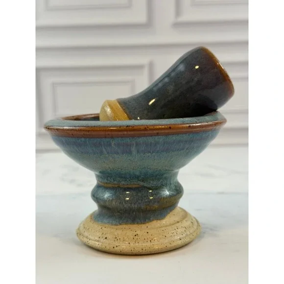 Handmade Ceramic Studio Pottery Blue Drip Glaze Mortar and Pestle