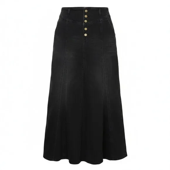 CHARTOU Black Denim Maxi Skirt ButtonFly Size XL Retro A-Line Y2K/90s Distressed