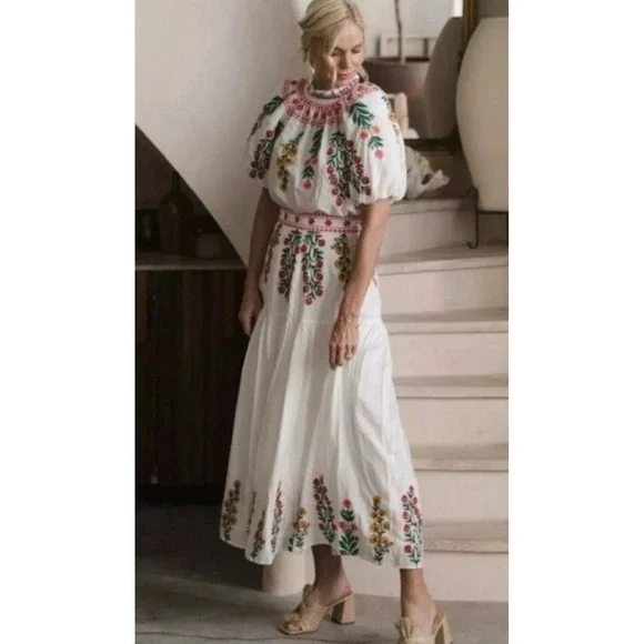 Antonio Melani Boho Floral Embroidered 2 Piece Set Top & Tiered Maxi Skirt Sz. 4