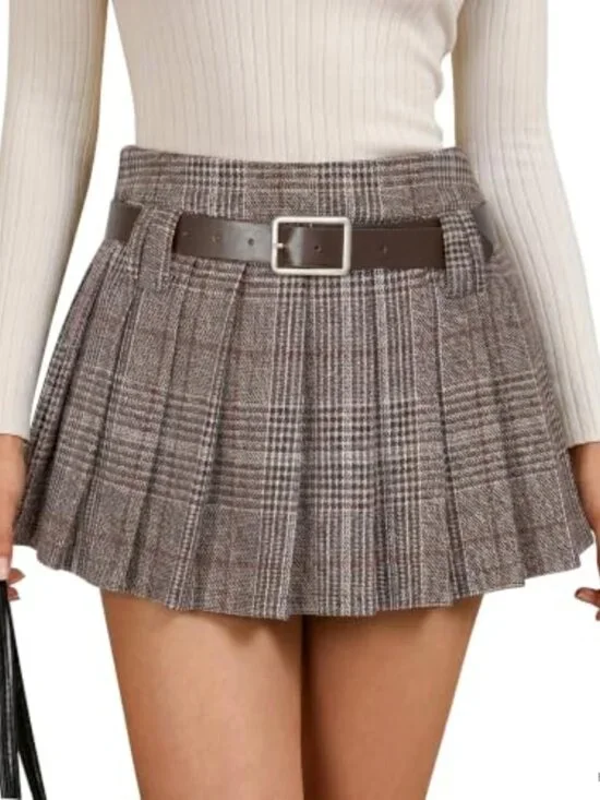 High-Waisted Pleated A-Line Mini Skirt with Belt, Built-in Shorts, Zipper,