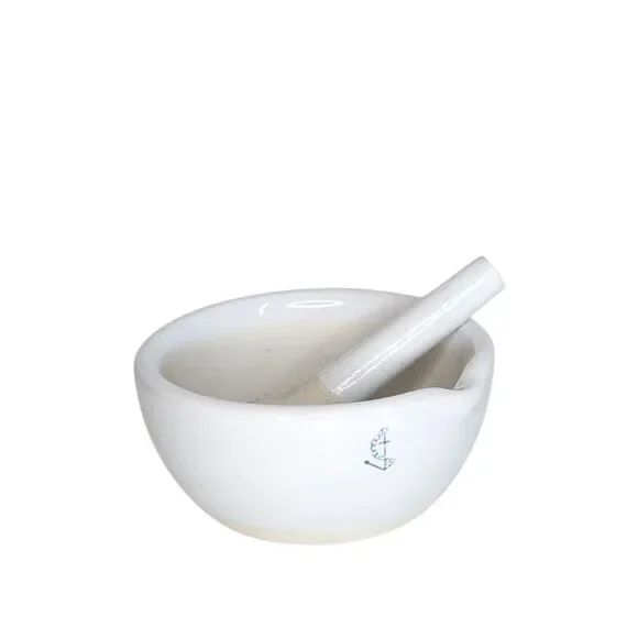 Vintage Small Ceramic Porcelain Mortar Pestle Set White Blue Anchor Mark Spout