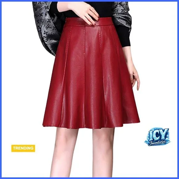 High Waisted Faux Leather Pleated Midi Skirt A-Line Knee Length Business Casual