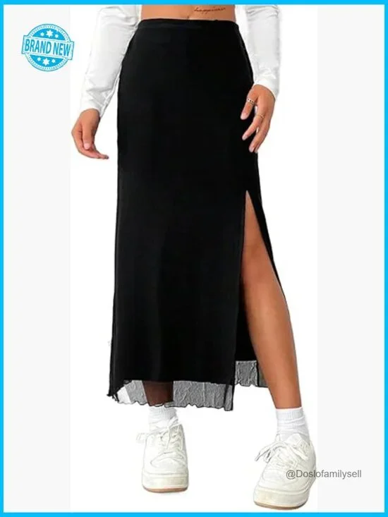 High Waisted Mesh Slit Skirt Sexy Maxi Split Thigh Trendy Party