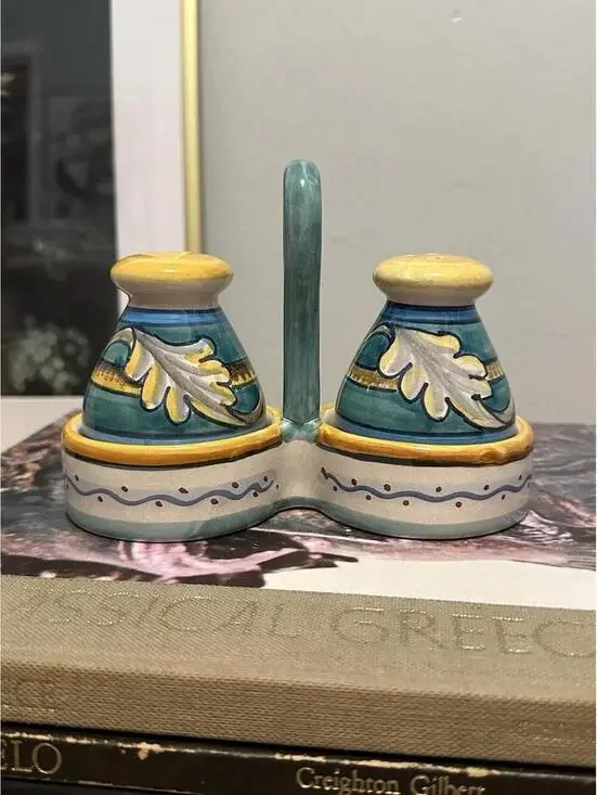 Deruta Italy Italian Pottery Raffaellesco Salt and Pepper Set With Caddy