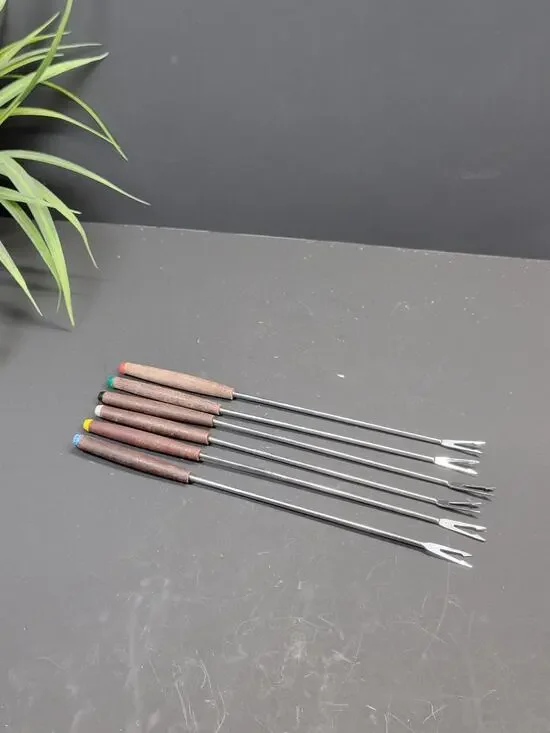 6 Vintage Mid Century Stainless Steel Fondue Forks Wood Handle Color Coded