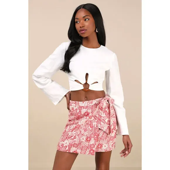 Lulus Kieu Red Floral Print Faux-wrap Mini Skirt - Size M