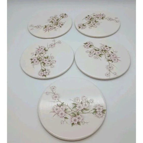 Vtg Mid-State Ceramic Trivets Cherry Spring Blossom 6
