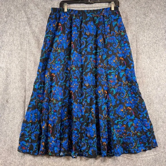 Vtg Artsy Boho Maxi Skirt Womens 1X Floral Boho Floral Dark Romantic Black Blue