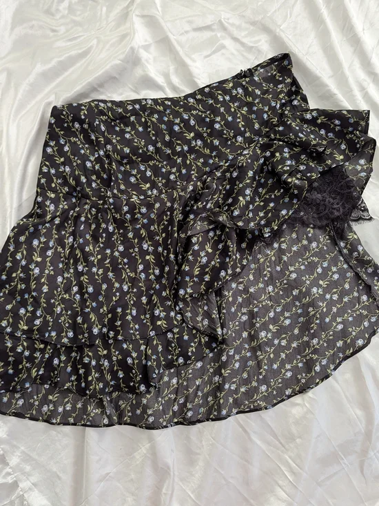 Kimchi Blue Black Mini Skirt with Blue Floral Print