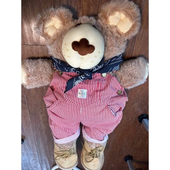 Furskins - Dudley Bear - Red‎ Striped Overalls Bandana Boots Xavier Roberts 1984