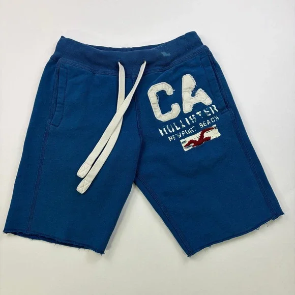 Y2K Hollister Newport Beach Cutoff Sweat Shorts Mens Small Blue Raw Hem CA Logo