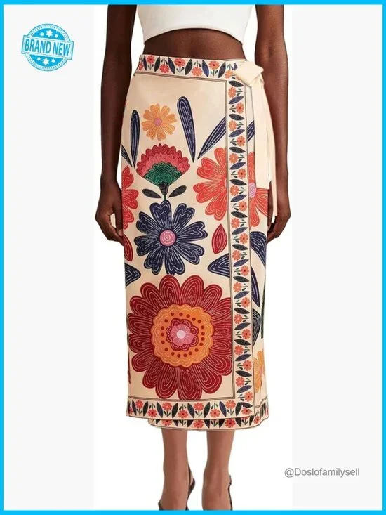 Floral Wrap Midi Skirt High Waist Adjustable Tie Side A Line Beach Boho Long