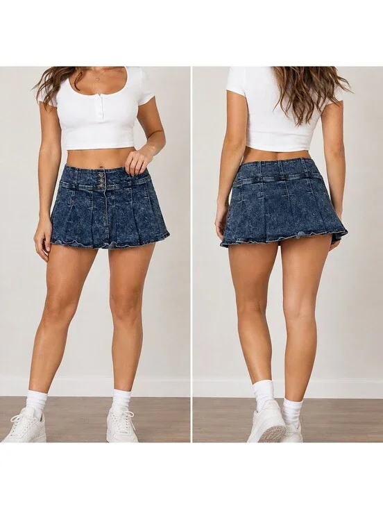 Vintage Y2K Denim Pleated Mini Skirt Size L Acid Wash Low Rise Micro Preppy