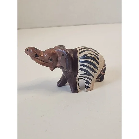 Handcarved‎ Soapstone Elephant Figurine  Handpainted Safari Patchwork 2.25