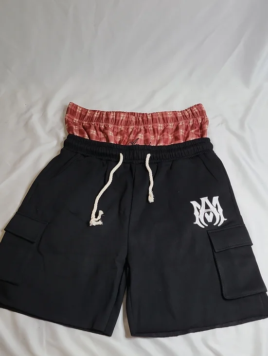 AMIRI Black Cargo Shorts with Red Plaid Double Layer