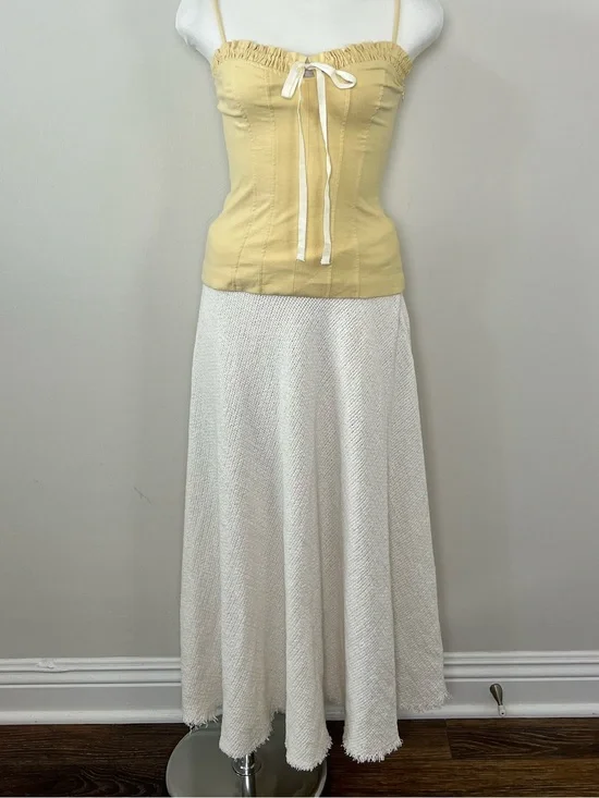 NWT Zara White Textured Knit Maxi Skirt XS Frayed Hem Coastal Cottagecore
