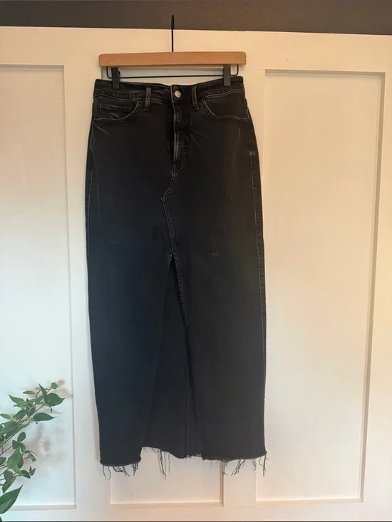 Express Black High-Rise Midi Denim Skirt with Front Slit
