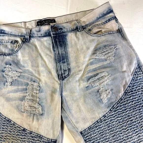 GS-115 Moto Style Blue Denim‎ Jorts Shorts Acid Wash Distressed Men's Size 40X14