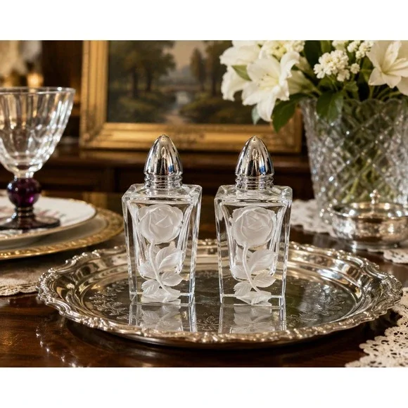 VTG Hand Cut Crystal Rose Salt Pepper Shakers Square Glass Silver Tone Germany