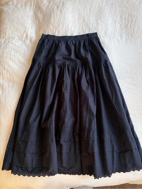 Doen Sebastiane Cotton Poplin Eyelet Trim A Line Midi Skirt Night Sky Navy Blue