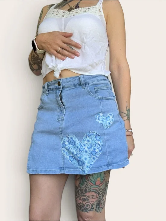 Blue Floral Heart Denim Mini Skirt - Casual‎ Women's Skirt