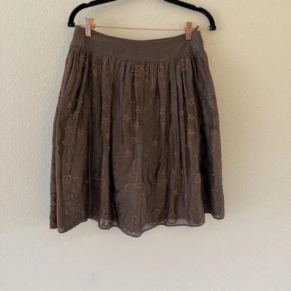 Chan Luu Y2K Embroidered Peasant Skirt Womens S Chocolate Brown Floral Boho Midi