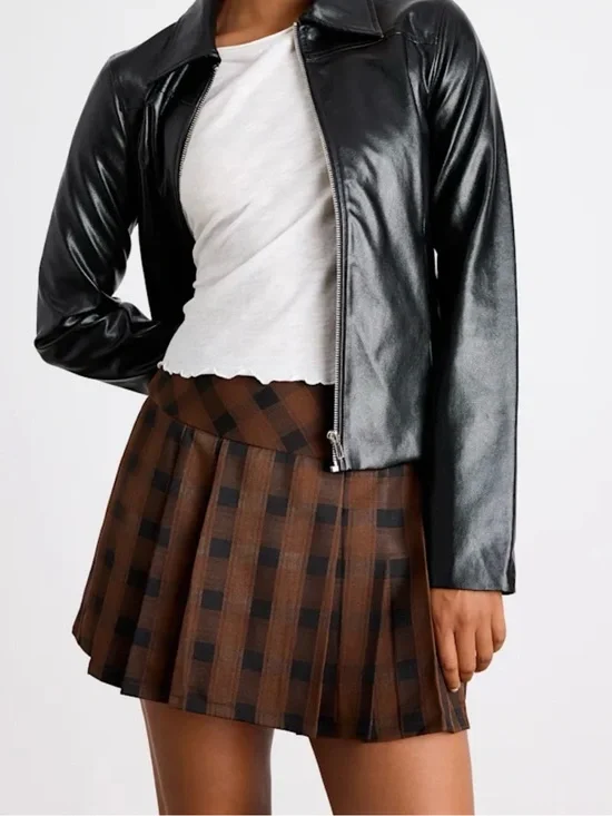 NWT Lulus Firah Brown and Black Plaid Pleated Mid-Rise Mini Skirt Size Large