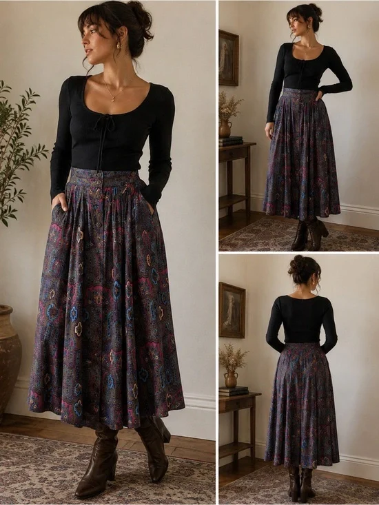 Vintage Giorgio Sant’Angelo Paisley Button Front Midi Skirt Size 10