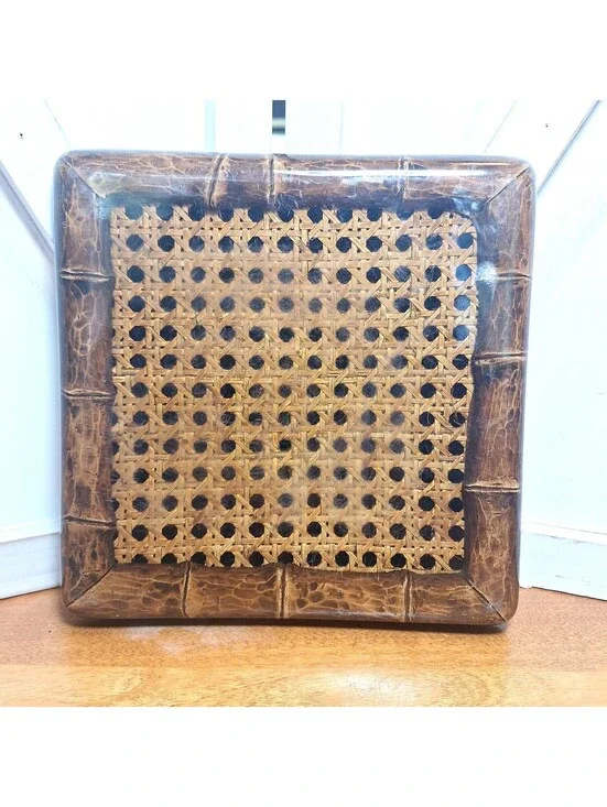 Vintage Acrylic MCM Rattan Wicker Wood Trim Footed Trivet 7.5 X 7.5