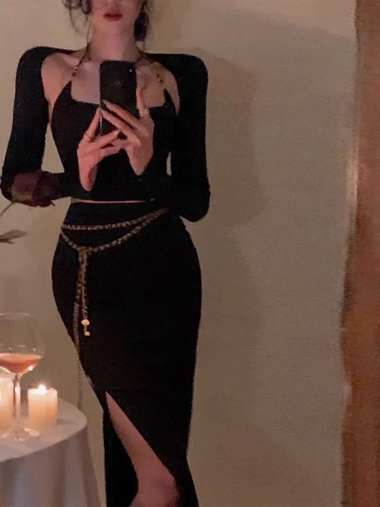 Independent Designer Black Knit 3-Piece Cutout Skirt Set