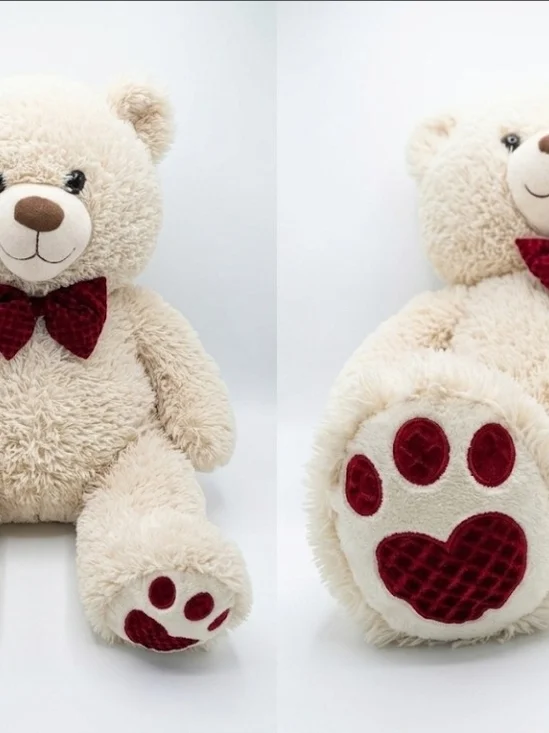 Plush Cream Teddy Bear with Red Bow and Paw Accents - Soft Kids Toy