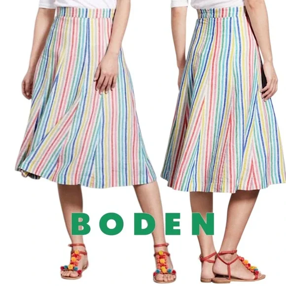 Boden 16 Cora A-Line Midi Skirt Rainbow Stripe 100% Linen Pride Preppy Pastel