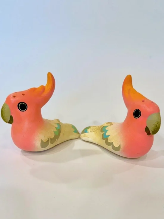 Vintage Gabbi Collection Ceramic Parrot Salt & Pepper Shakers, Refillable Plugs