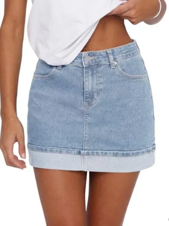 High Waisted Bodycon Denim Mini Skirt Y2K Stretch Folded Hem Summer