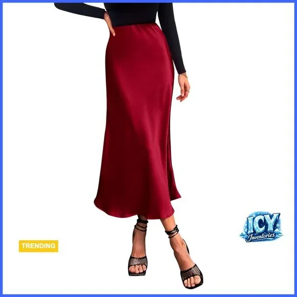 Satin Midi Skirt High Waisted A-Line Flowy Wedding Cocktail Casual