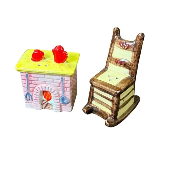 Vintage Ceramic Stove and Rocking Chair Salt Pepper Shaker‎ Set Japan Novelty