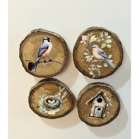 Set Of 4 Natural Oak Wood Bark Bird Magnets