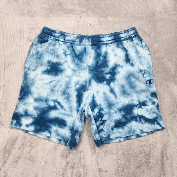 Champion‎ Shorts Mens M Blue Tie Dye Fleece Elastic Waist Lounge Athletic Casual